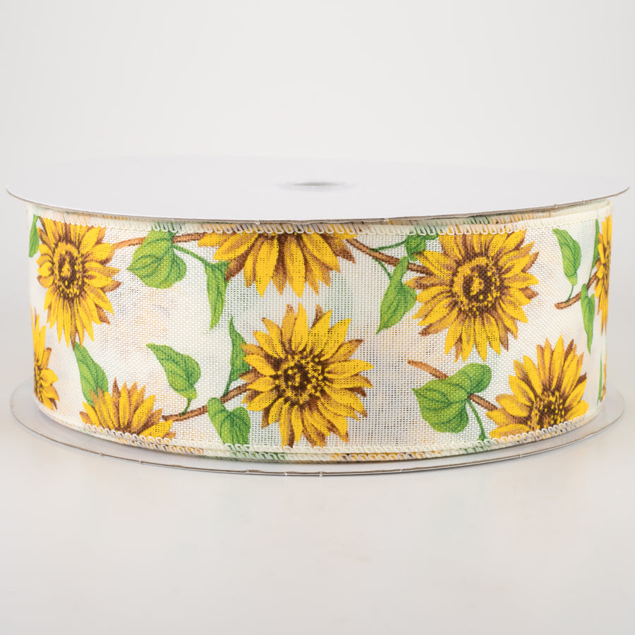 2.5" Linen Sunflowers Ribbon: Ivory (50 Yards)