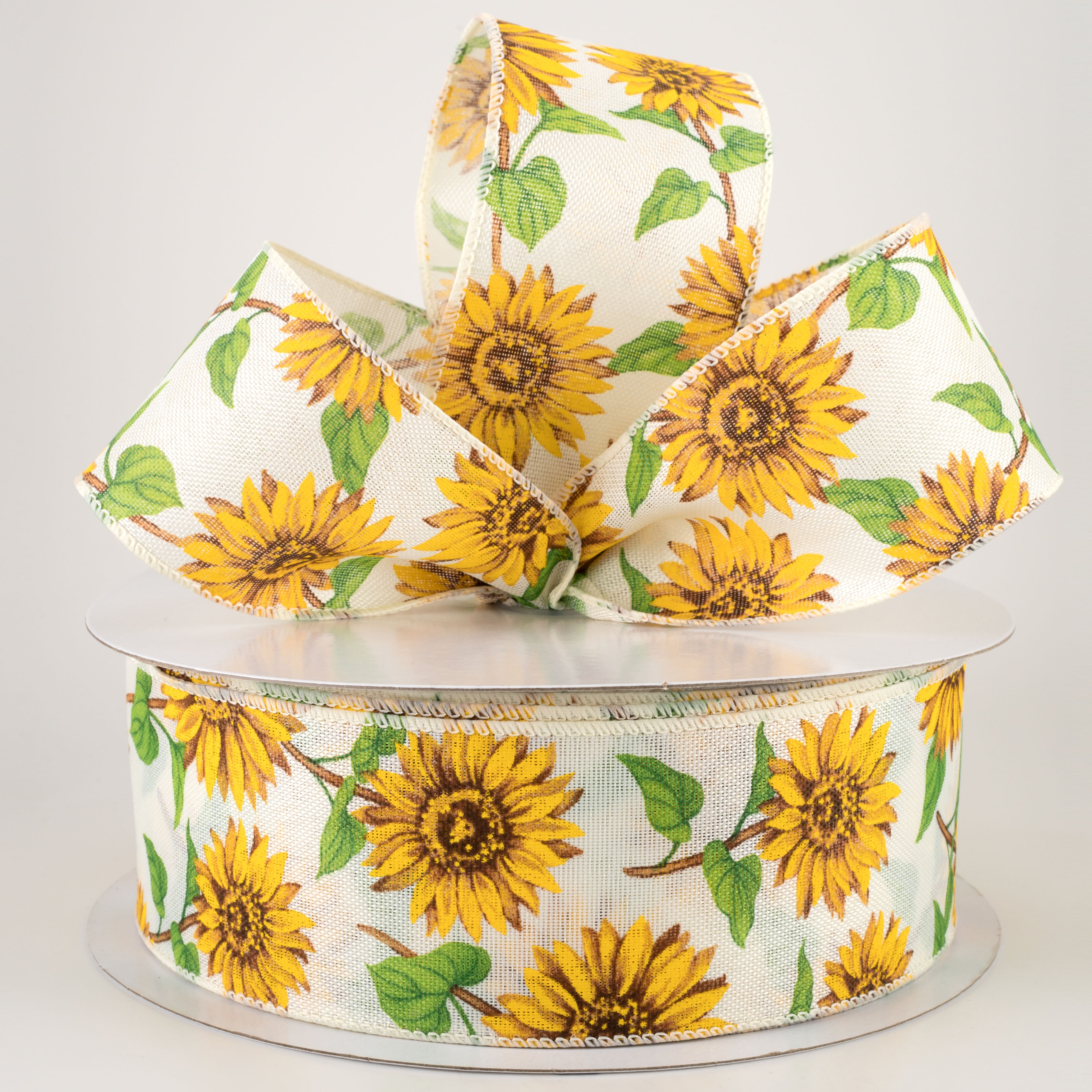 2.5" Linen Sunflowers Ribbon: Ivory (50 Yards)