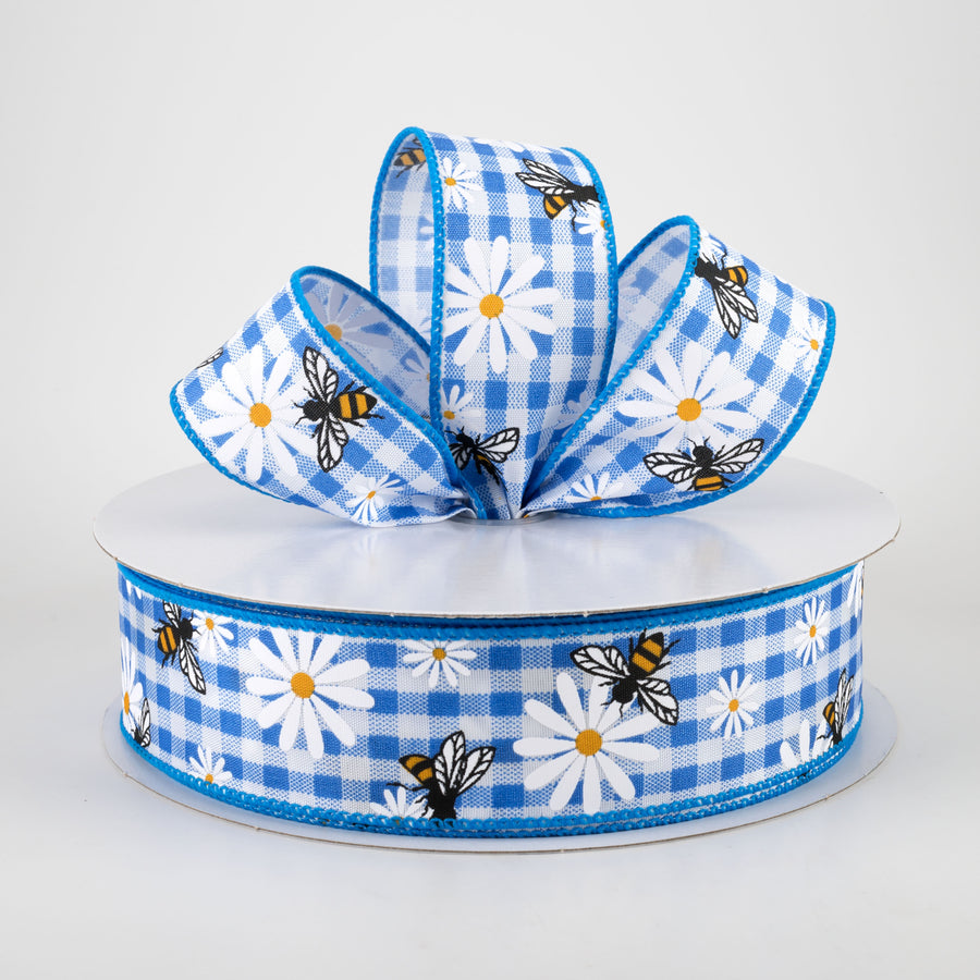1.5" Daisies & Bees Ribbon: Cobalt Blue Gingham (50 Yards)