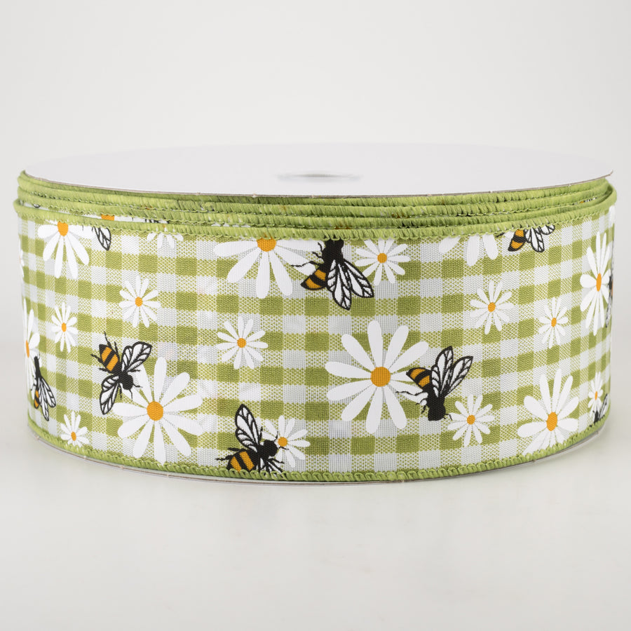 2.5" Daisies & Bees Ribbon: Sage Green Gingham (50 Yards)