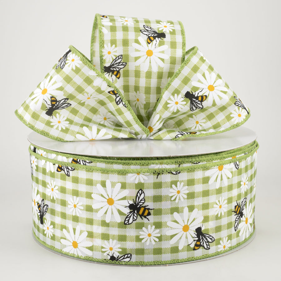 2.5" Daisies & Bees Ribbon: Sage Green Gingham (50 Yards)