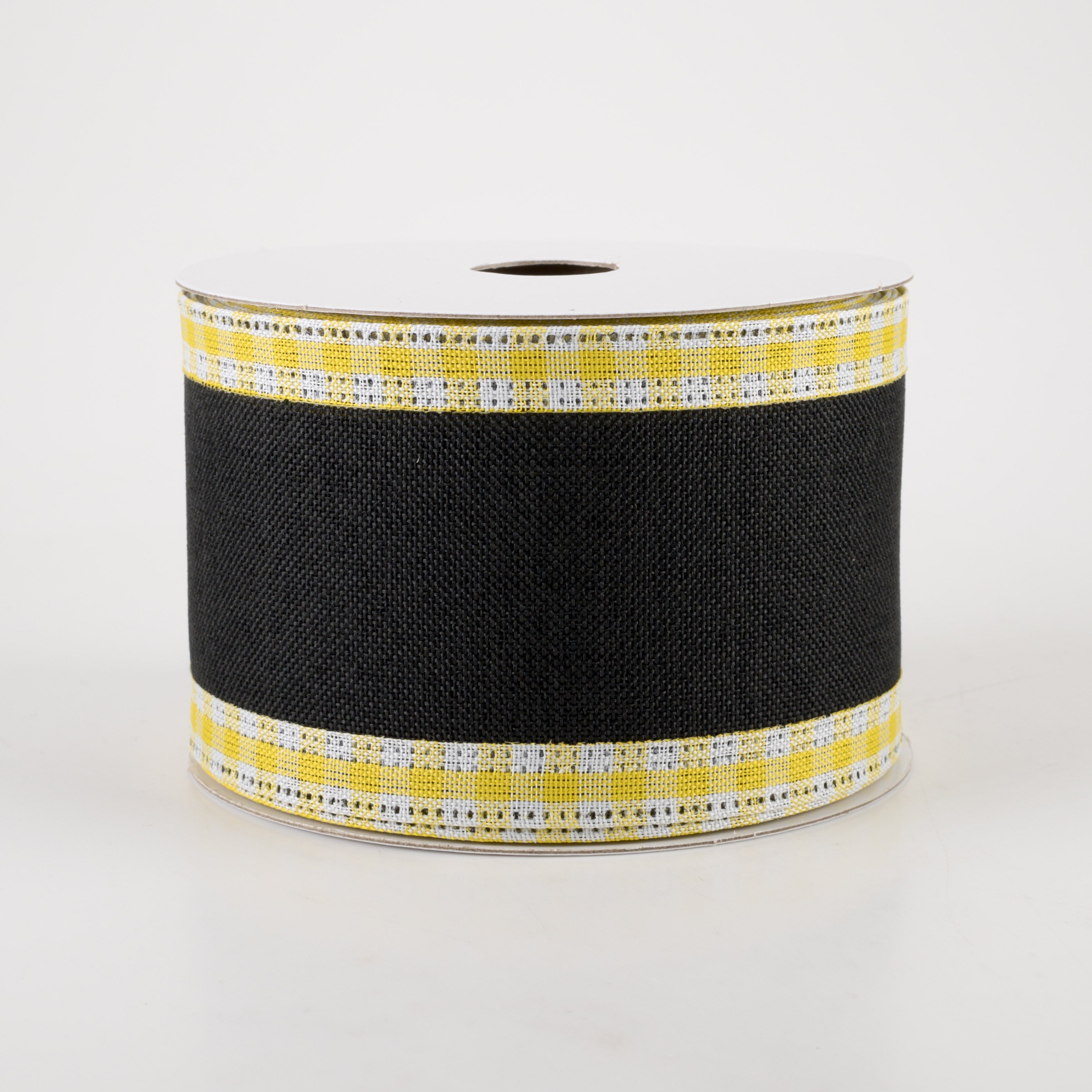 2.5" Linen Center & Gingham Edge Ribbon: Black on Yellow & White (10 Yards)