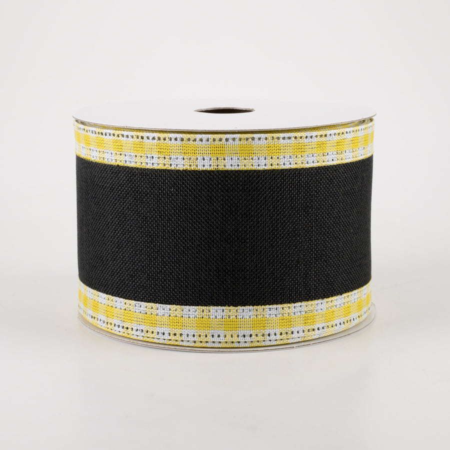 2.5" Linen Center & Gingham Edge Ribbon: Black on Yellow & White (10 Yards)