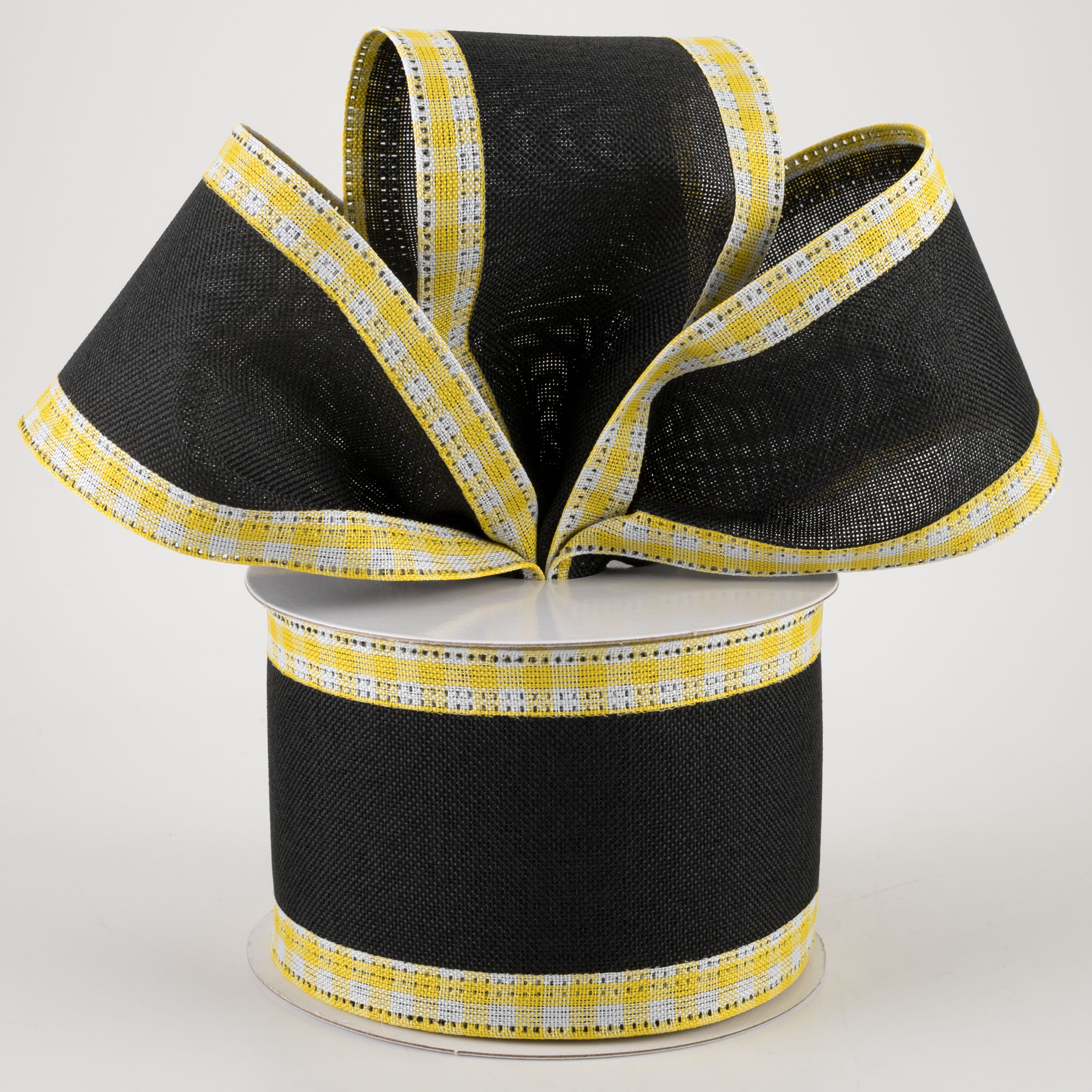 2.5" Linen Center & Gingham Edge Ribbon: Black on Yellow & White (10 Yards)