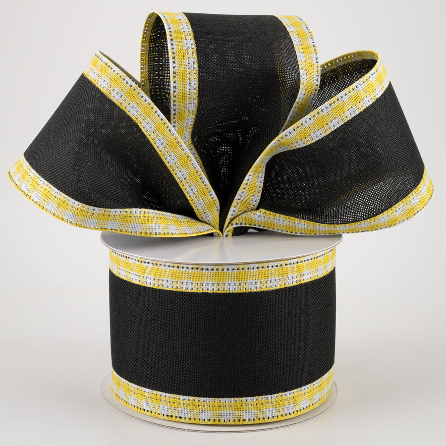 2.5" Linen Center & Gingham Edge Ribbon: Black on Yellow & White (10 Yards)