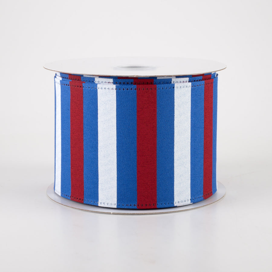 2.5" Horizontal Stripes Satin Ribbon: Red & White on Blue (10 Yards)