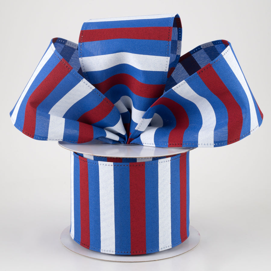 2.5" Horizontal Stripes Satin Ribbon: Red & White on Blue (10 Yards)