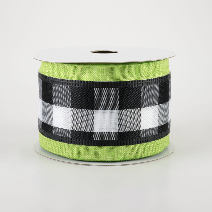 2.5" Buffalo Plaid Center & Linen Edge Ribbon: Lime Green (10 Yards)