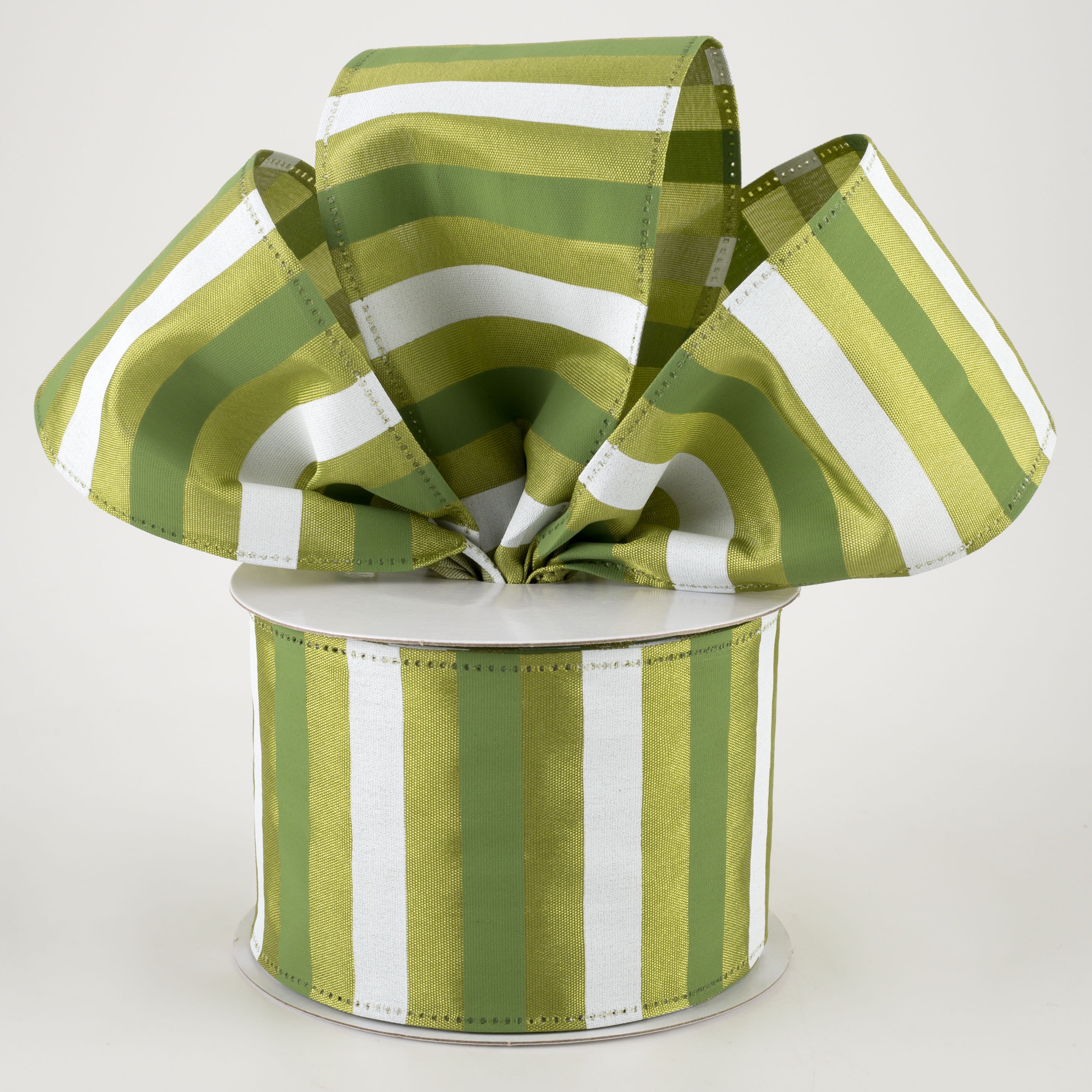 2.5" Horizontal Stripes Satin Ribbon: Sage & White on Moss Green (10 Yards)