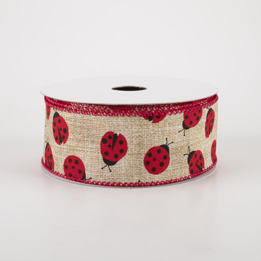 1.5" Natural Linen Ladybugs Ribbon (10 Yards)