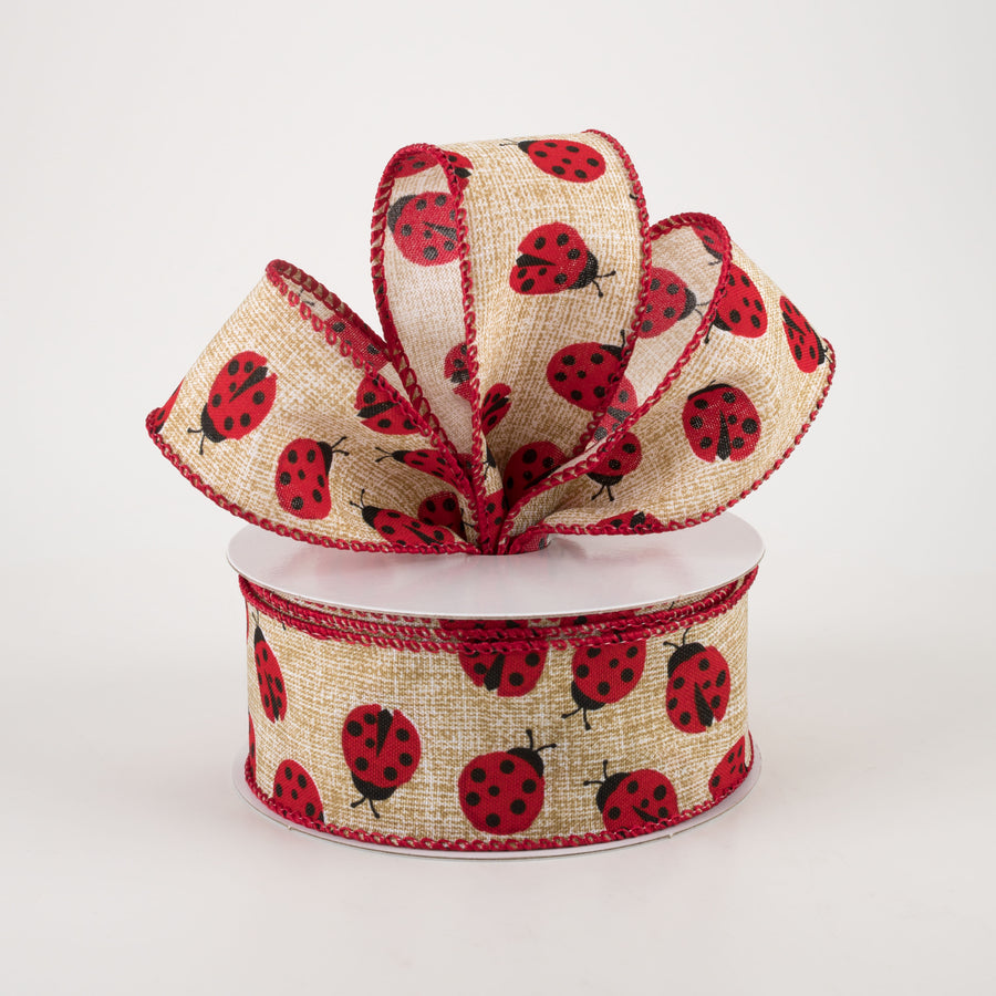 1.5" Natural Linen Ladybugs Ribbon (10 Yards)