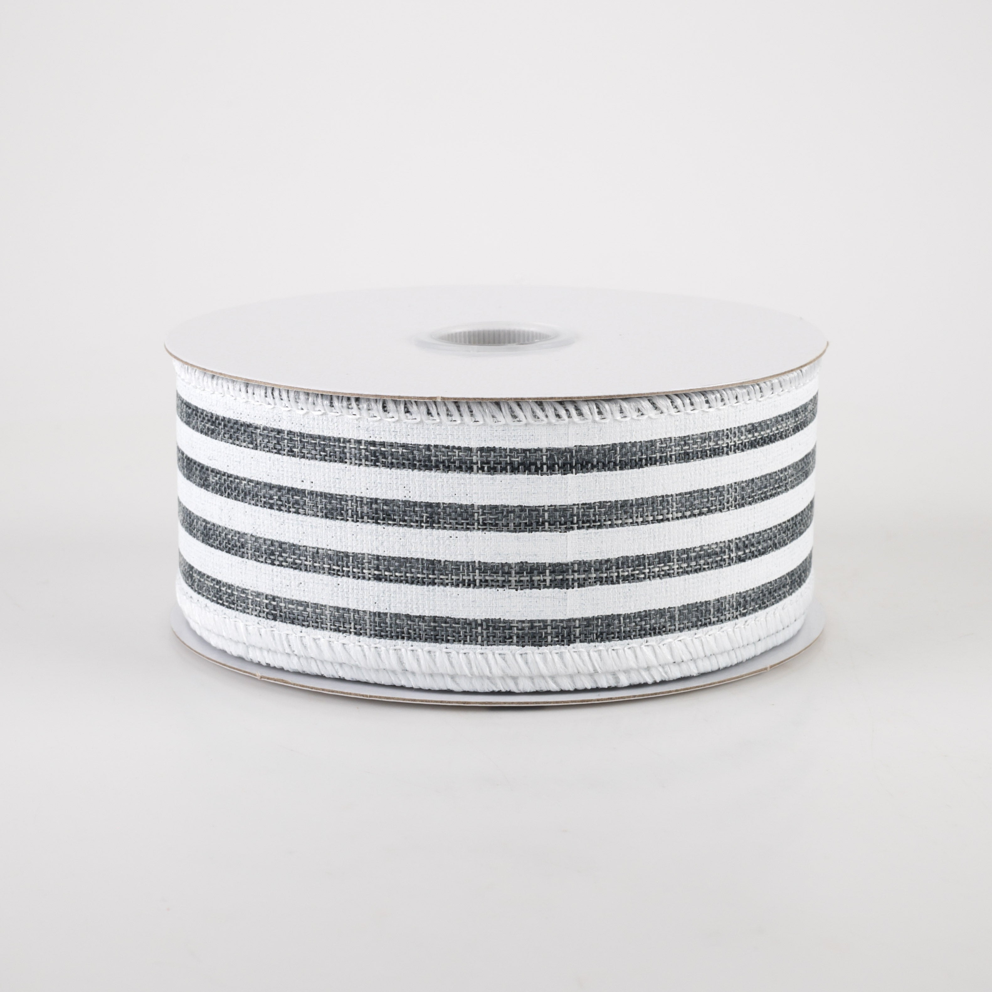 1.5" Linen Cabana Stripes Ribbon: Grey & White (10 Yards)