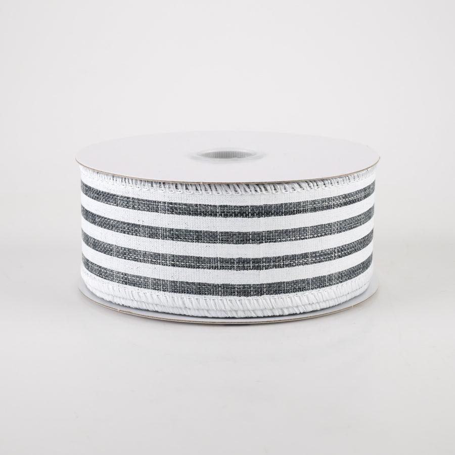 1.5" Linen Cabana Stripes Ribbon: Grey & White (10 Yards)