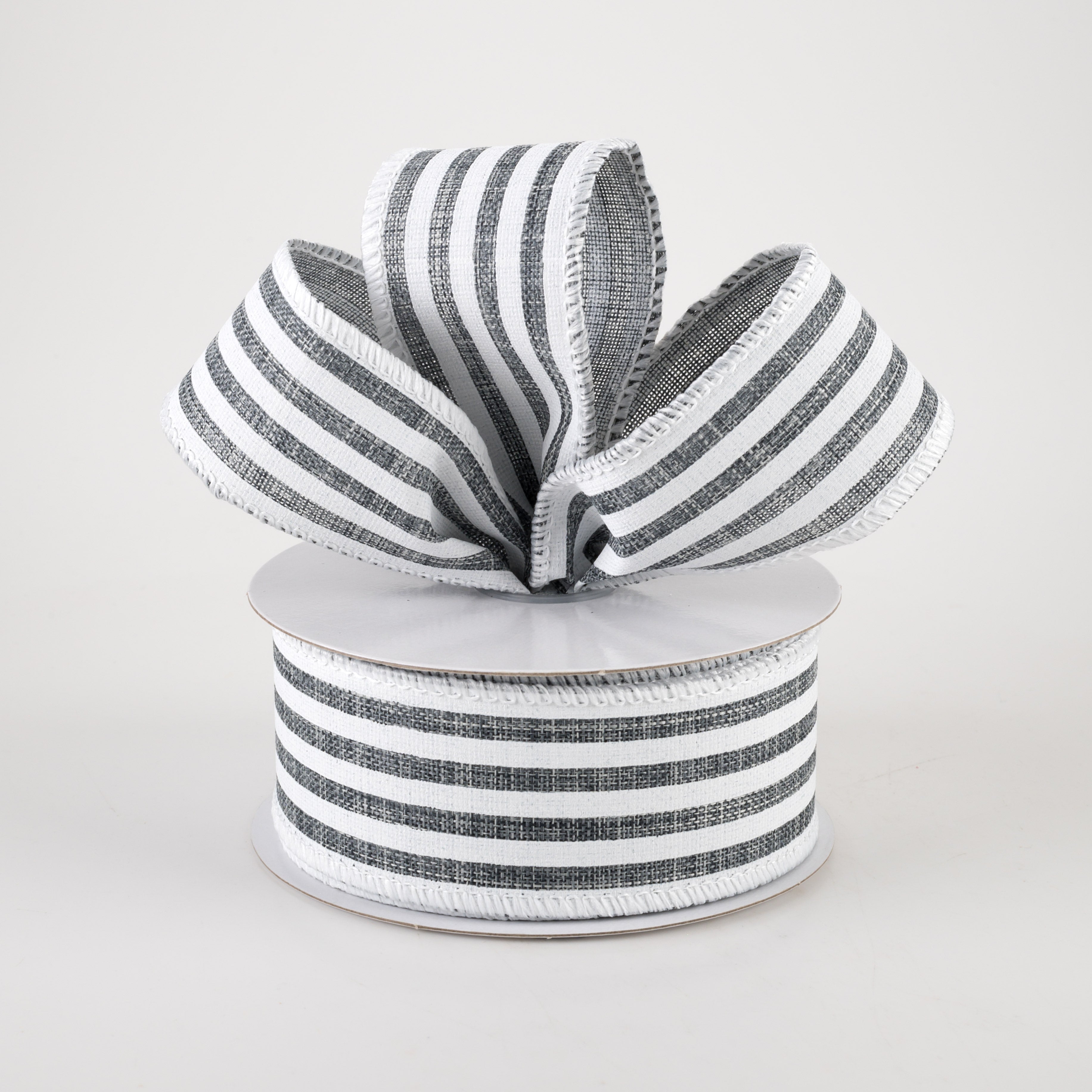 1.5" Linen Cabana Stripes Ribbon: Grey & White (10 Yards)