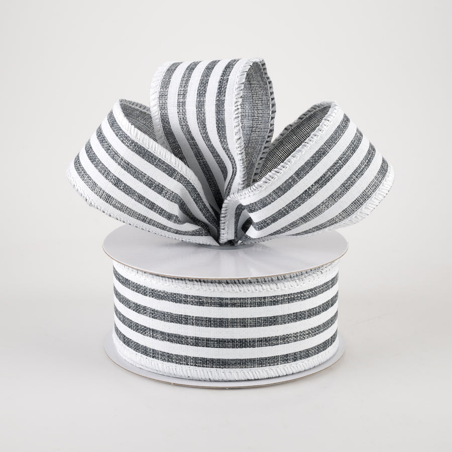 1.5" Linen Cabana Stripes Ribbon: Grey & White (10 Yards)