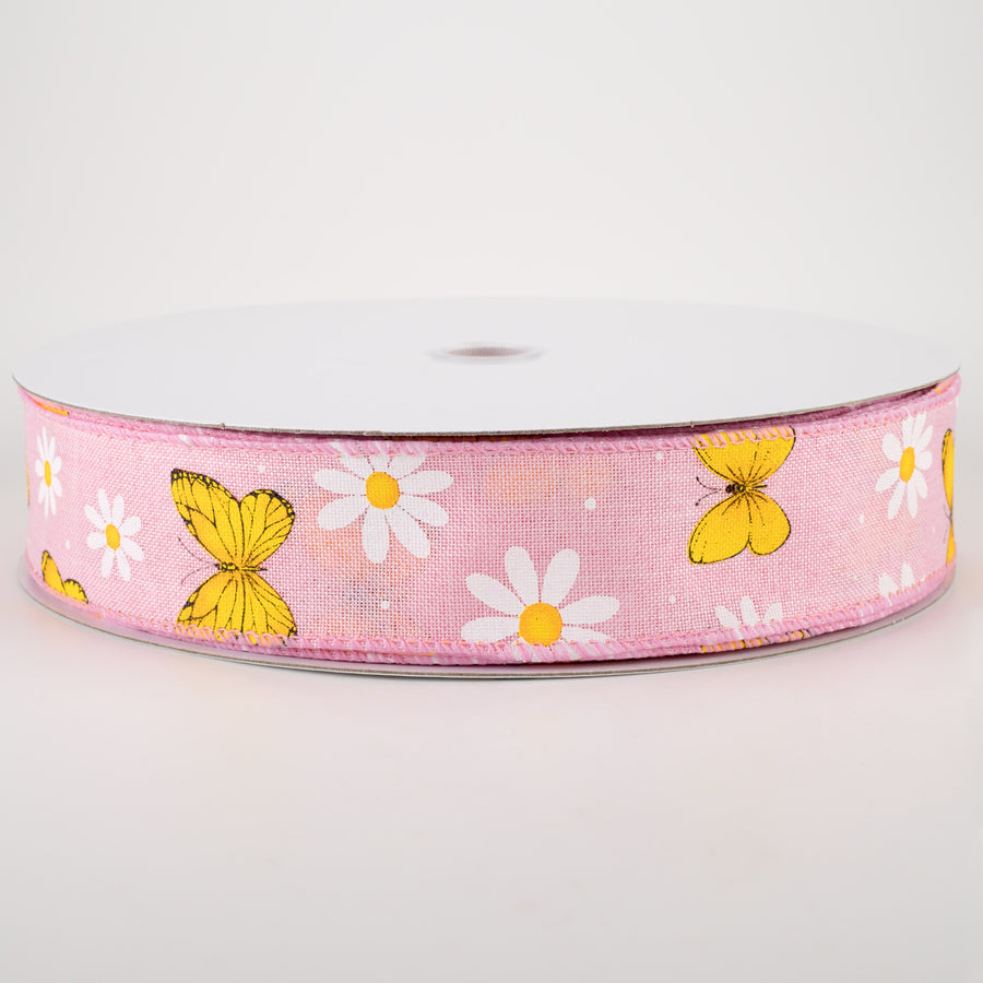 1.5" Daisies & Butterflies Linen Ribbon: Pink (50 Yards)