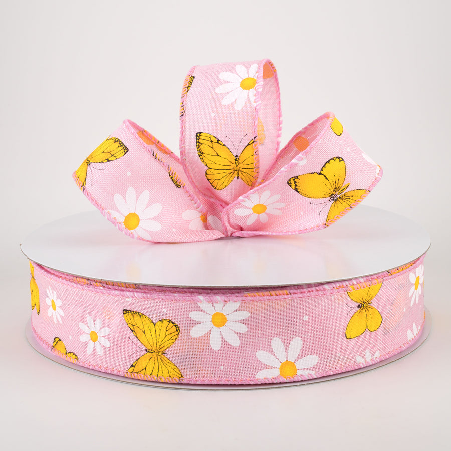 1.5" Daisies & Butterflies Linen Ribbon: Pink (50 Yards)