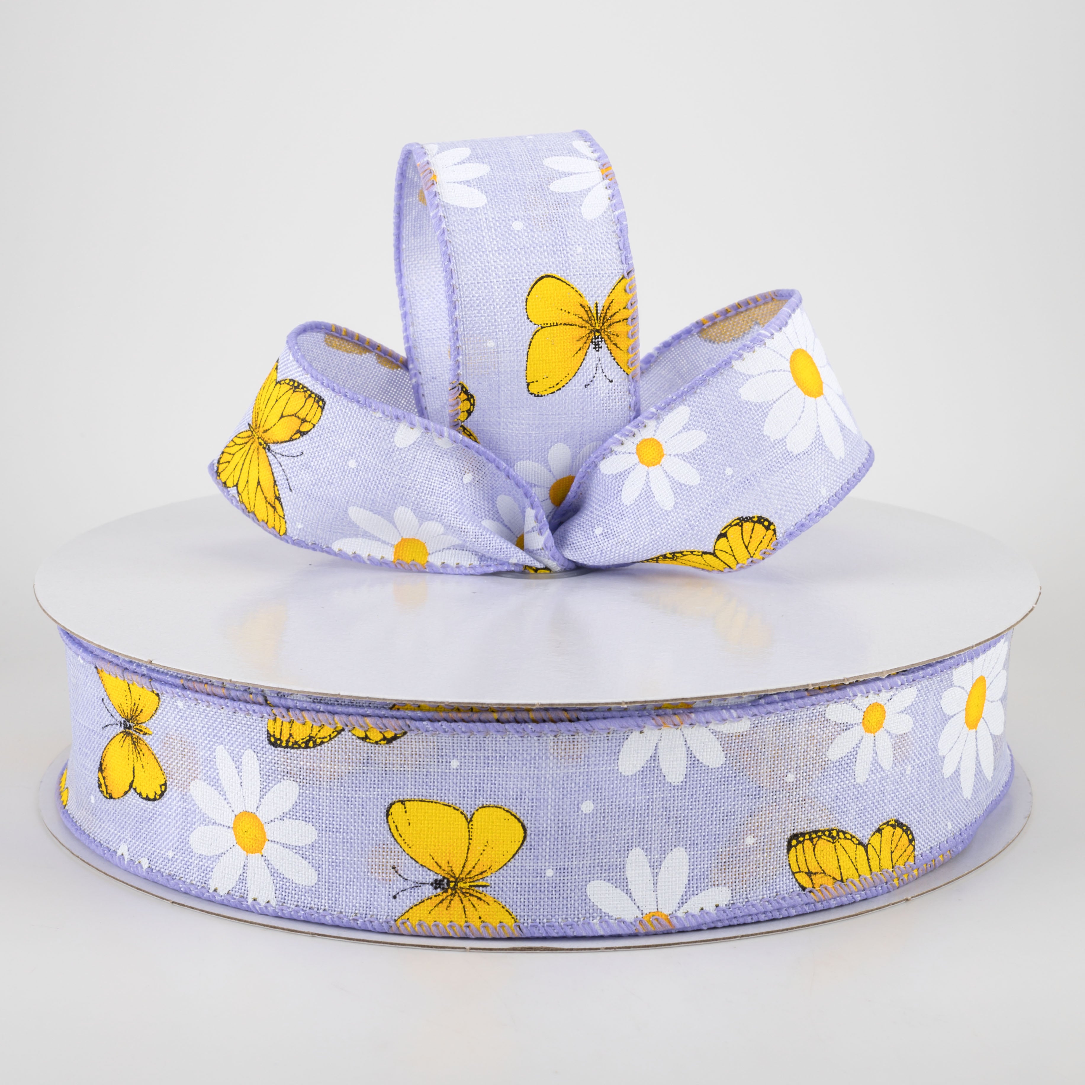 1.5" Daisies & Butterflies Linen Ribbon: Lavender (50 Yards)