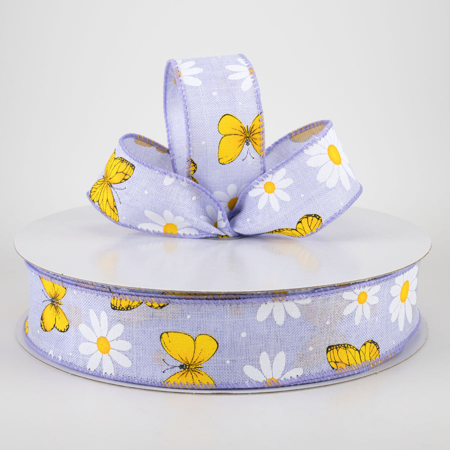 1.5" Daisies & Butterflies Linen Ribbon: Lavender (50 Yards)