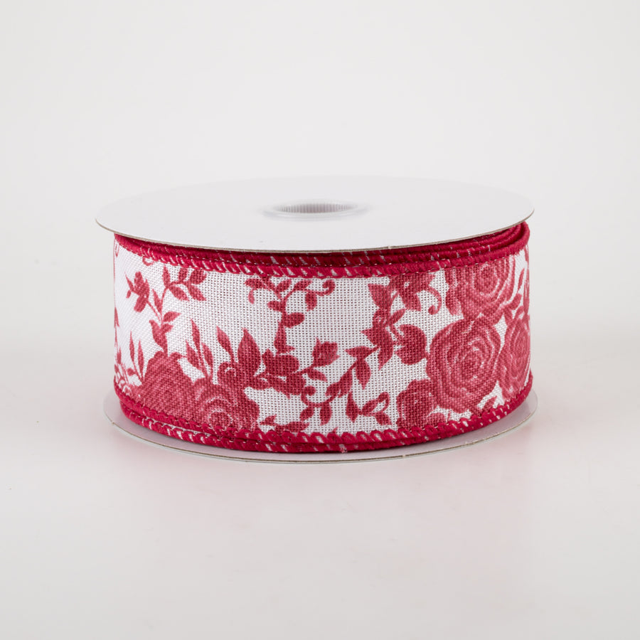 1.5" Ombre Roses on White Linen Ribbon: Red (10 Yards)