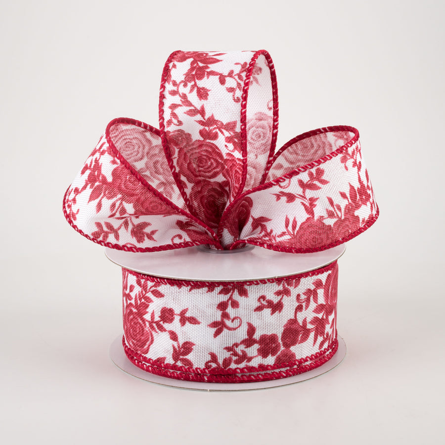 1.5" Ombre Roses on White Linen Ribbon: Red (10 Yards)