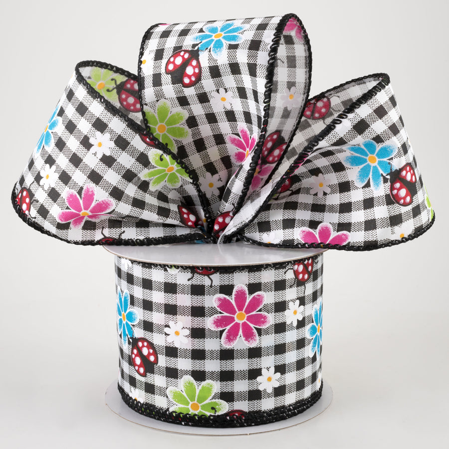 2.5" Bright Daisies and Ladybugs Ribbon: Black & White Gingham (10 Yards)