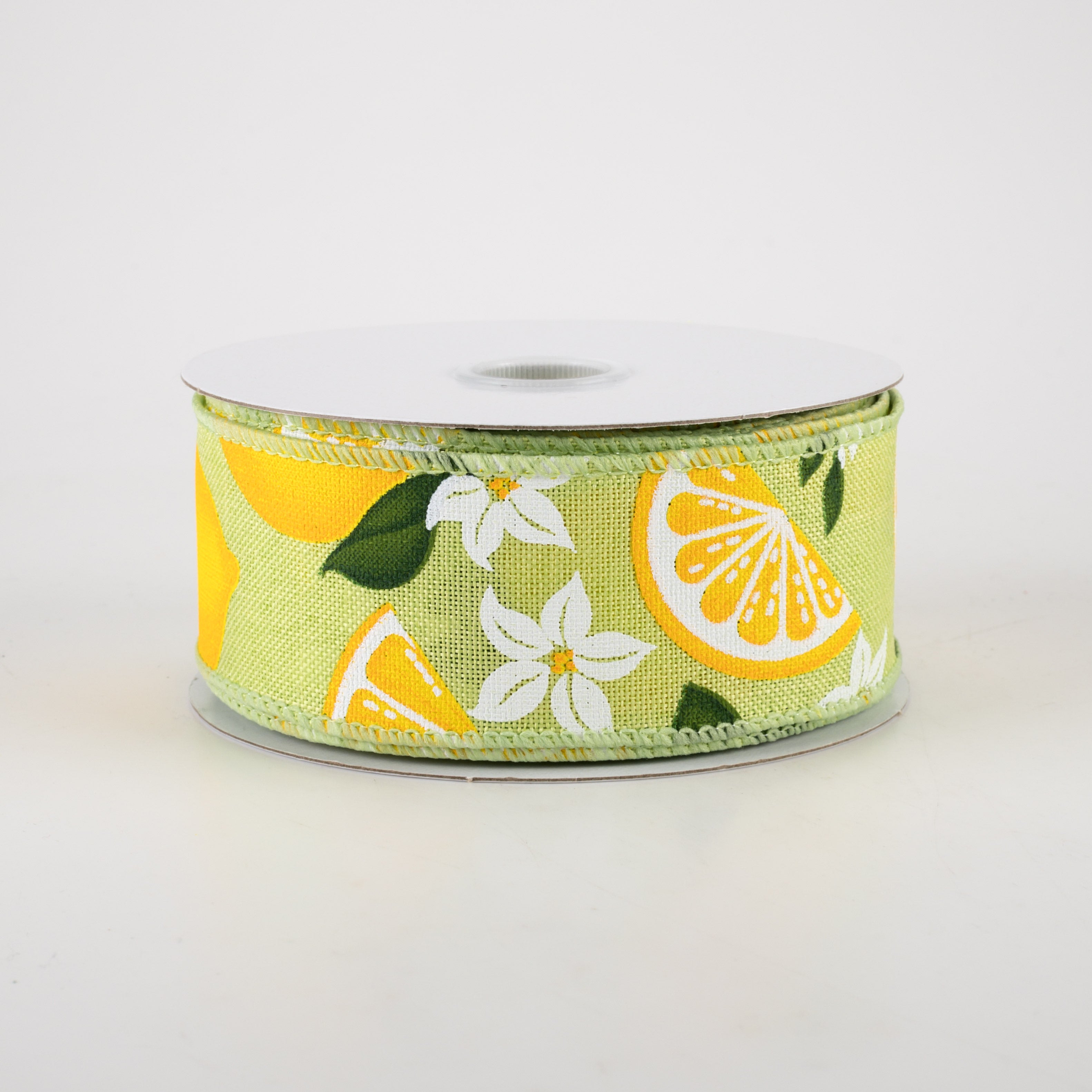 1.5" Linen Lemons & Flowers Ribbon: Lime Green (10 Yards)