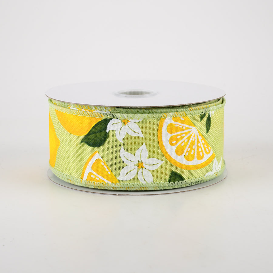 1.5" Linen Lemons & Flowers Ribbon: Lime Green (10 Yards)