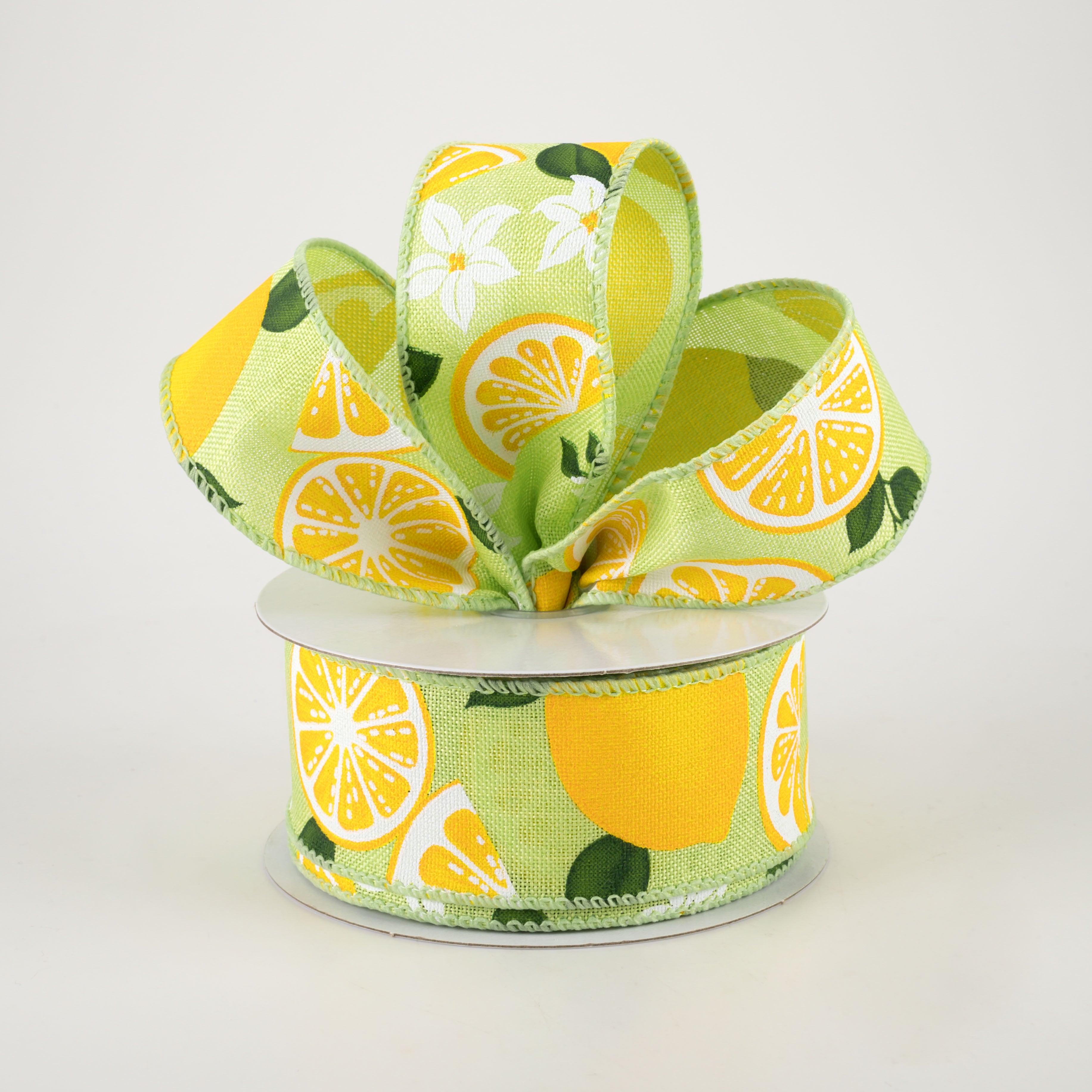 1.5" Linen Lemons & Flowers Ribbon: Lime Green (10 Yards)