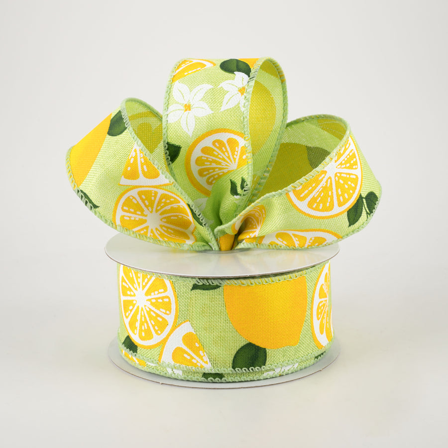 1.5" Linen Lemons & Flowers Ribbon: Lime Green (10 Yards)