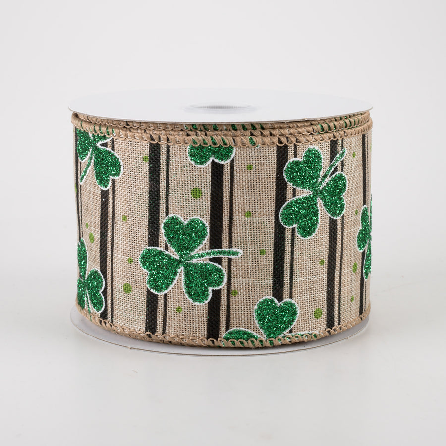 2.5" Shamrocks & Stripes Ribbon: Natural & Black (10 Yards)