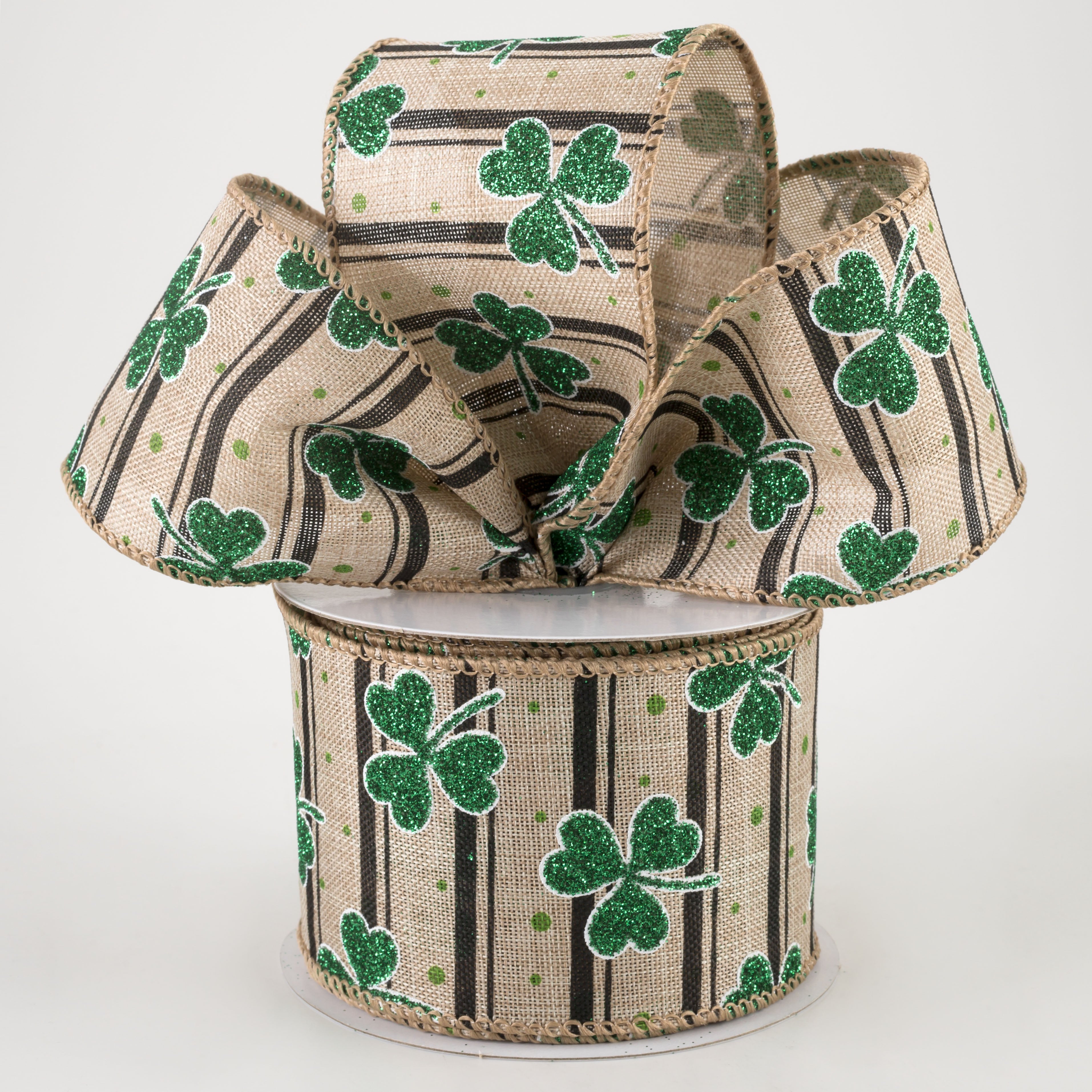 2.5" Shamrocks & Stripes Ribbon: Natural & Black (10 Yards)