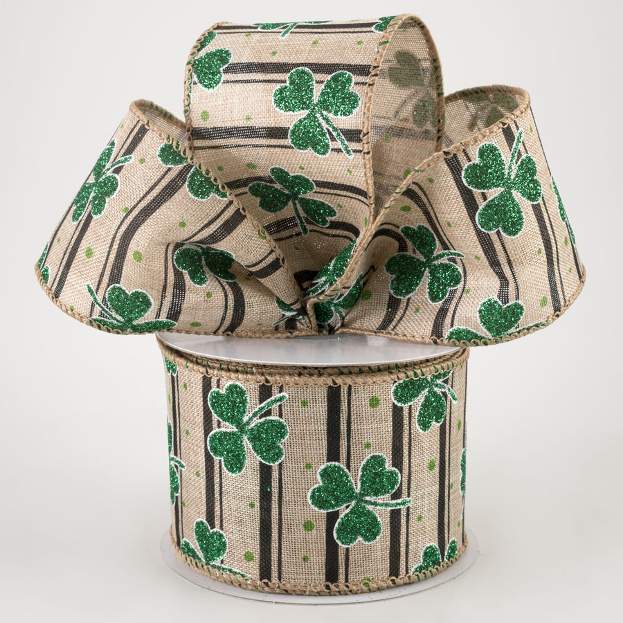 2.5" Shamrocks & Stripes Ribbon: Natural & Black (10 Yards)
