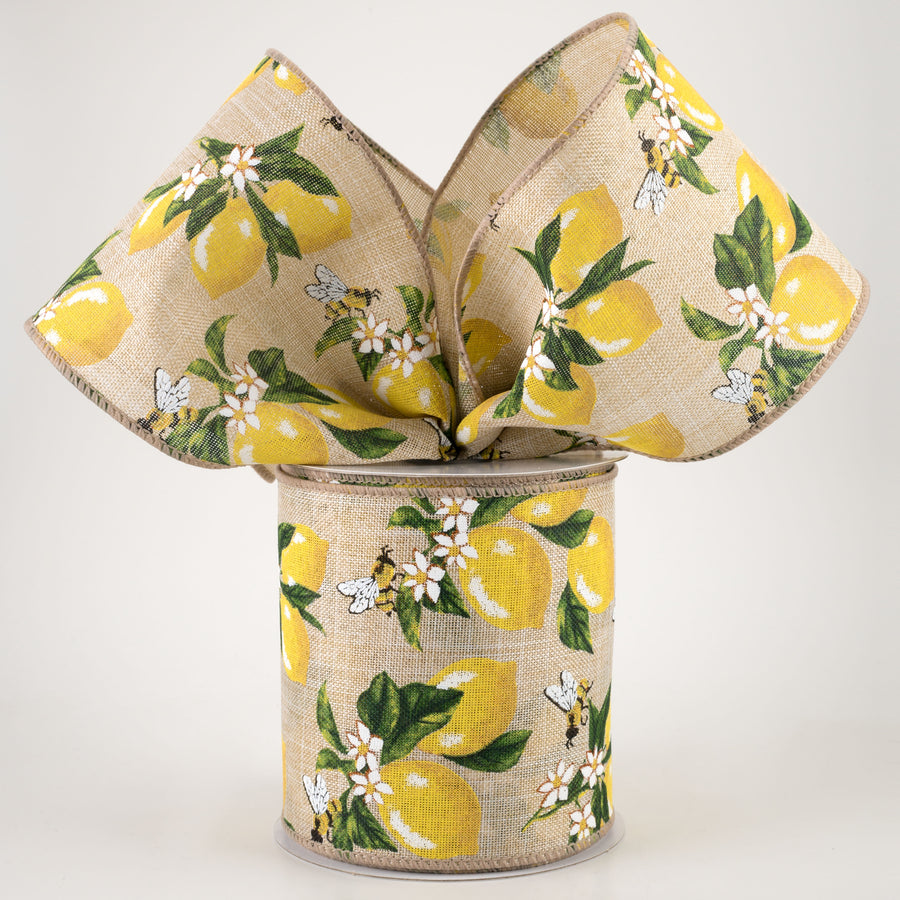 4" Linen Lemons & Bees Ribbon: Natural (10 Yards)
