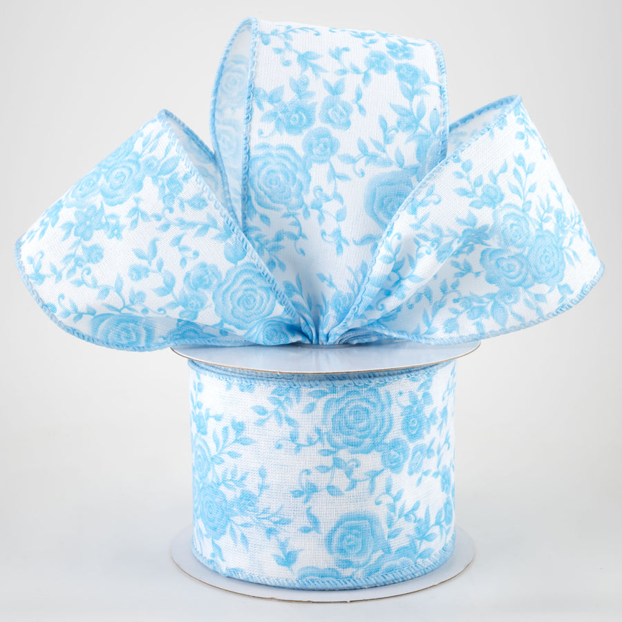 2.5" Ombré Roses on White Linen Ribbon: Blue (10 Yards)