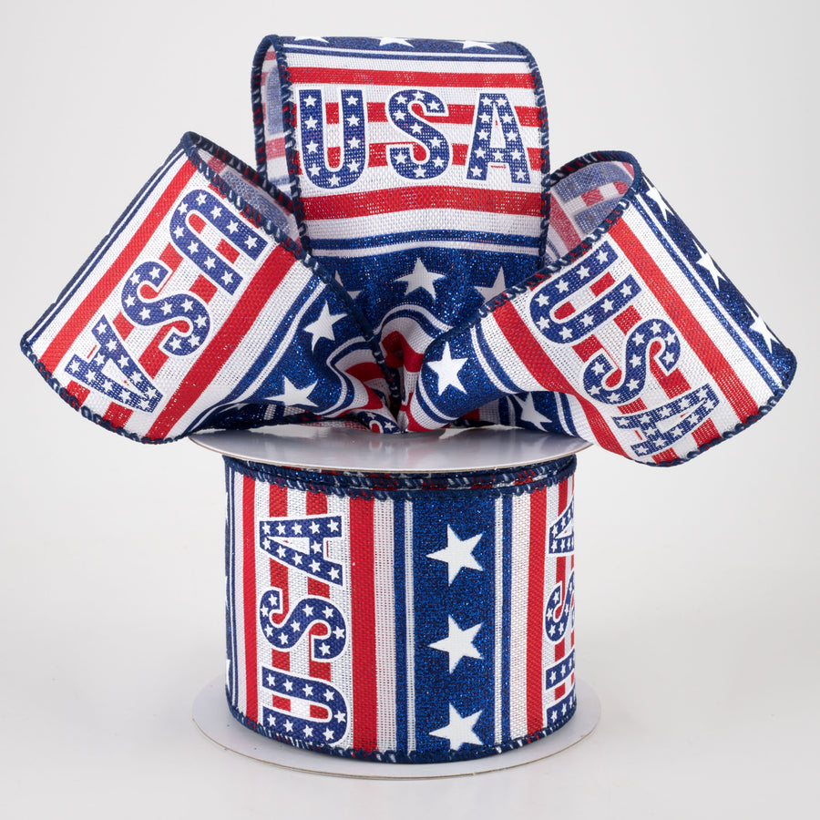 2.5" Linen USA Stars & Stripes Ribbon: White (10 Yards)