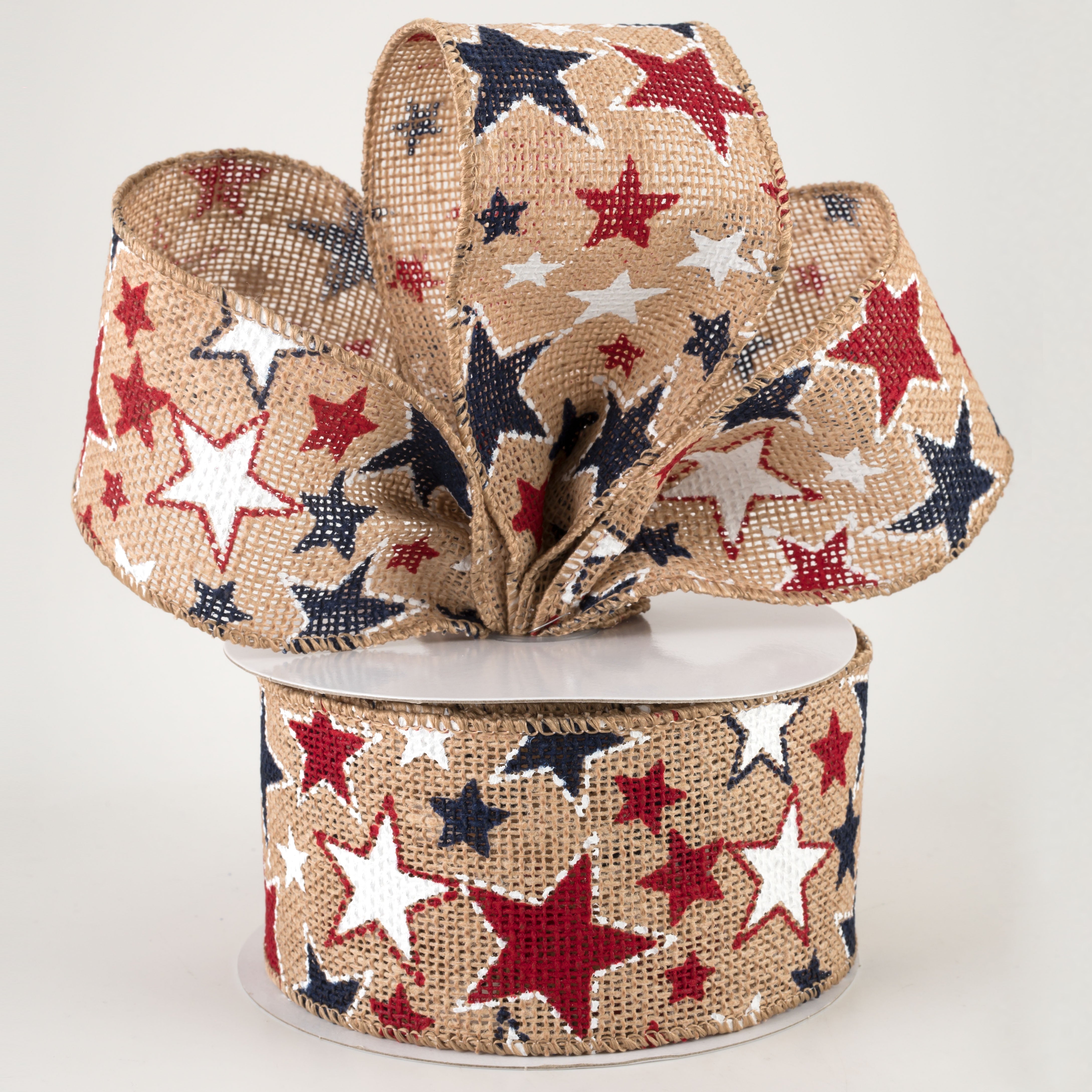 2.5" Burlap Patriotic Stars Ribbon: Natural (10 Yards)