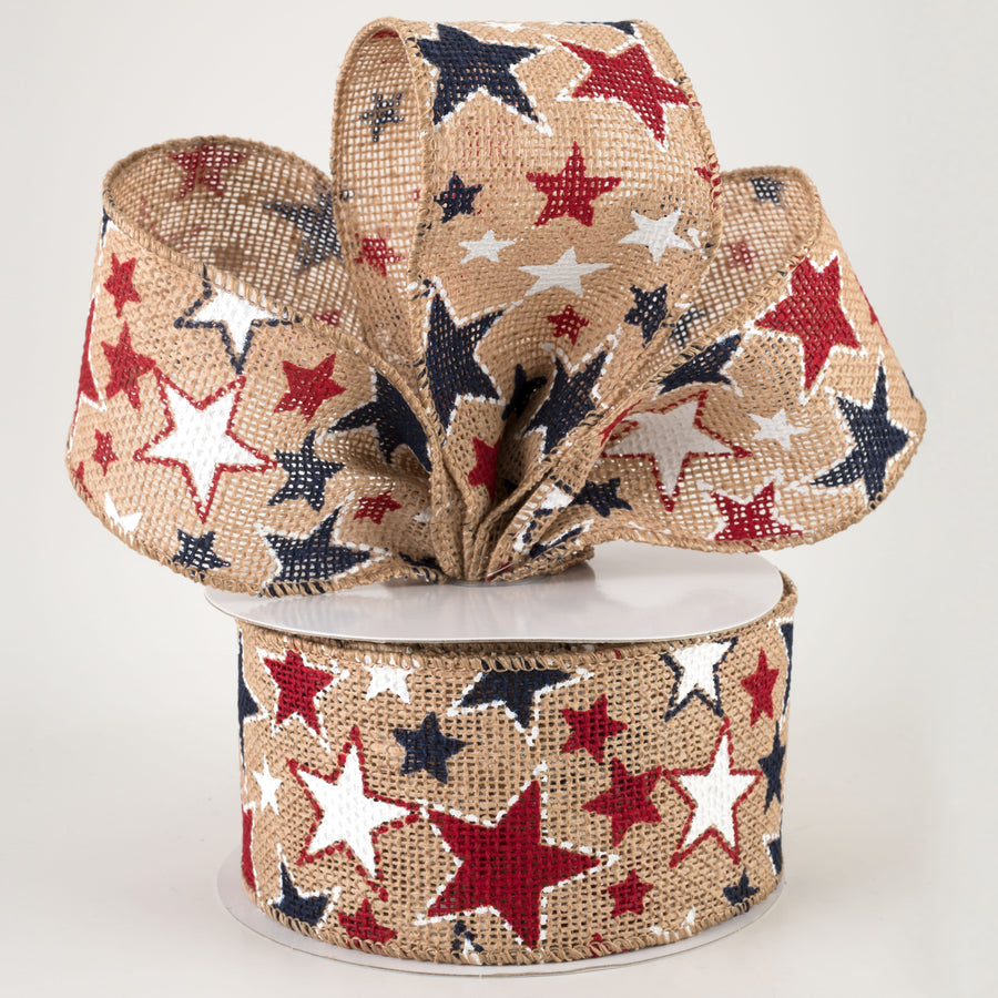 2.5" Burlap Patriotic Stars Ribbon: Natural (10 Yards)