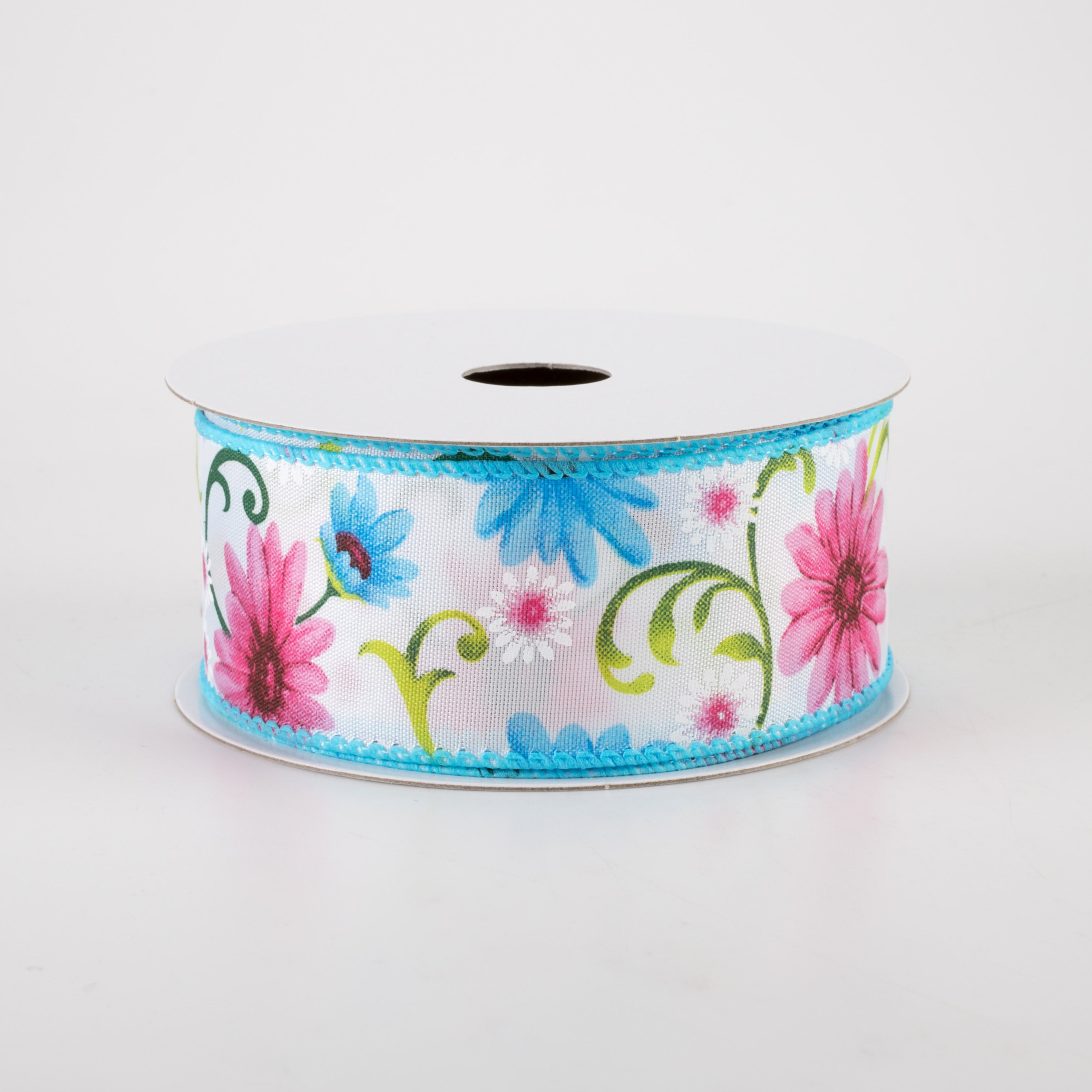 1.5" White Satin Daisies Ribbon: Blue & Pink (10 Yards)