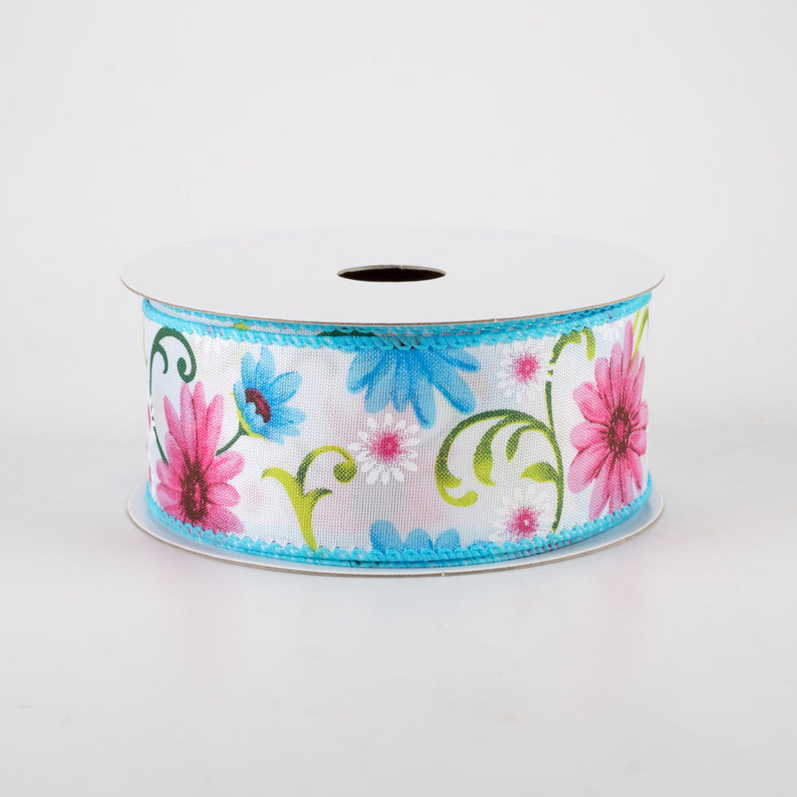 1.5" White Satin Daisies Ribbon: Blue & Pink (10 Yards)