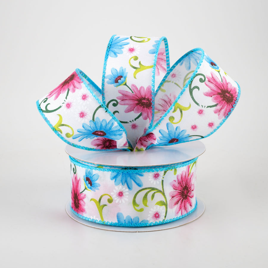 1.5" White Satin Daisies Ribbon: Blue & Pink (10 Yards)