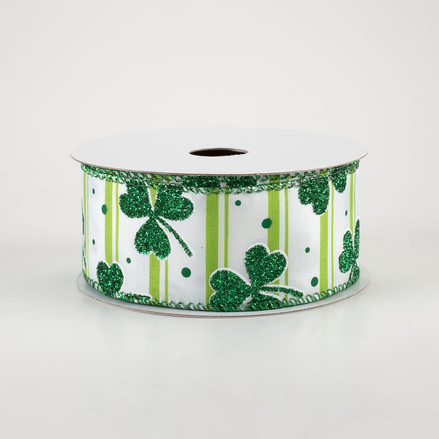 1.5" Shamrocks & Stripes Ribbon: White & Green (10 Yards)