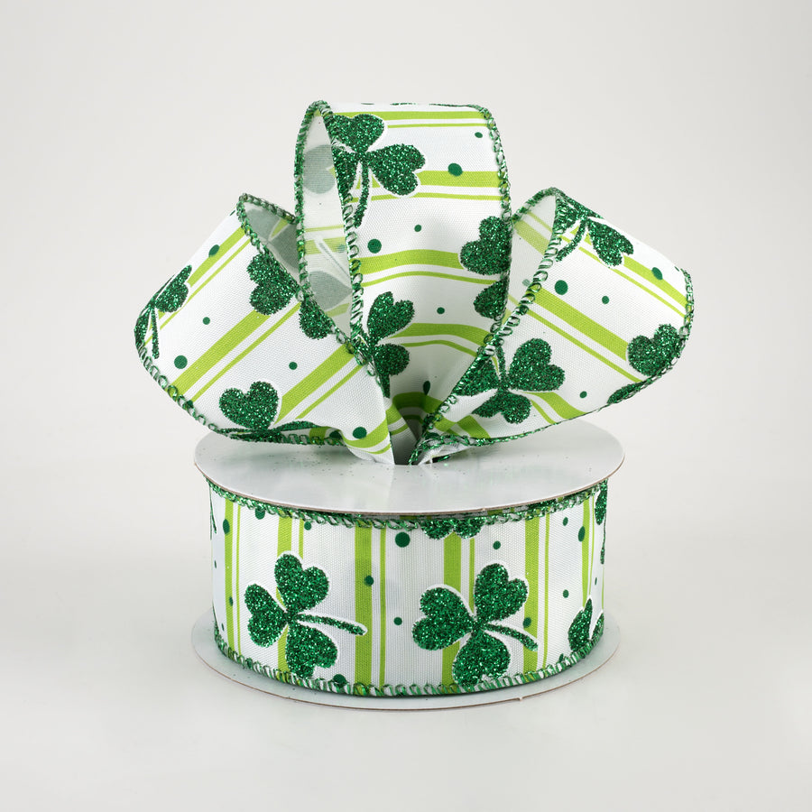 1.5" Shamrocks & Stripes Ribbon: White & Green (10 Yards)