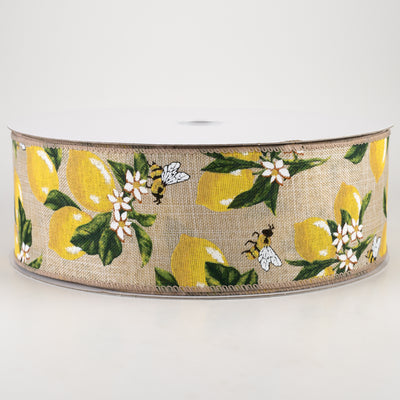 2.5" Linen Lemons & Bees Ribbon: Natural (50 Yards)