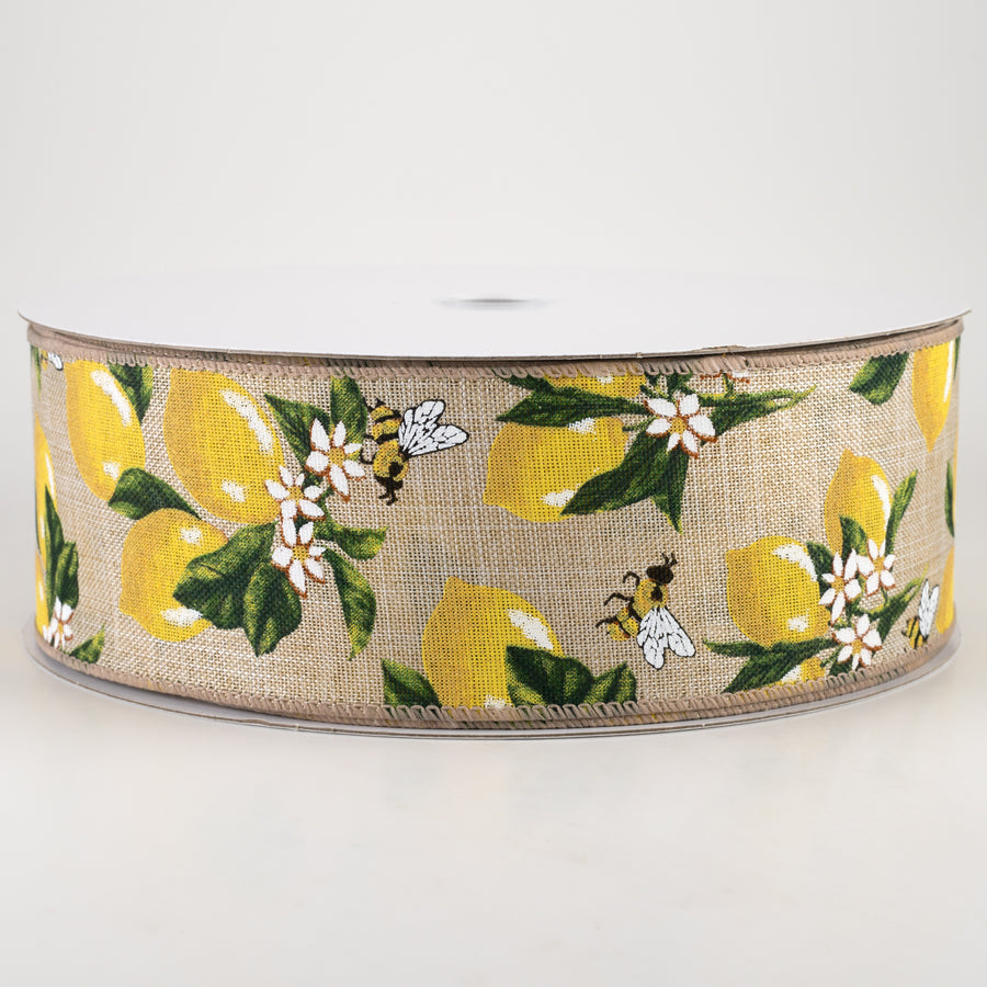 2.5" Linen Lemons & Bees Ribbon: Natural (50 Yards)