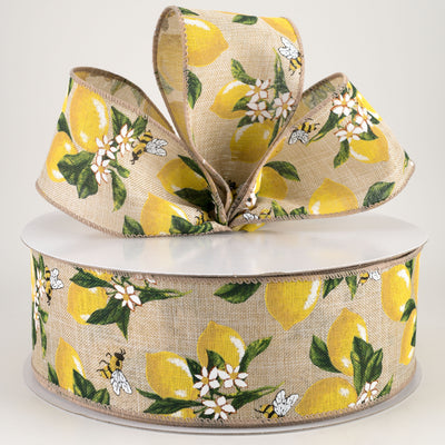 2.5" Linen Lemons & Bees Ribbon: Natural (50 Yards)
