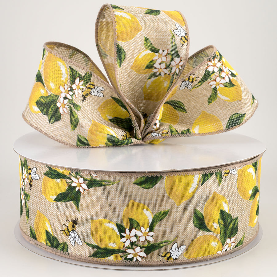2.5" Linen Lemons & Bees Ribbon: Natural (50 Yards)