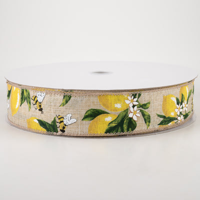 1.5" Linen Lemons & Bees Ribbon: Natural (50 Yards)