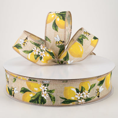 1.5" Linen Lemons & Bees Ribbon: Natural (50 Yards)