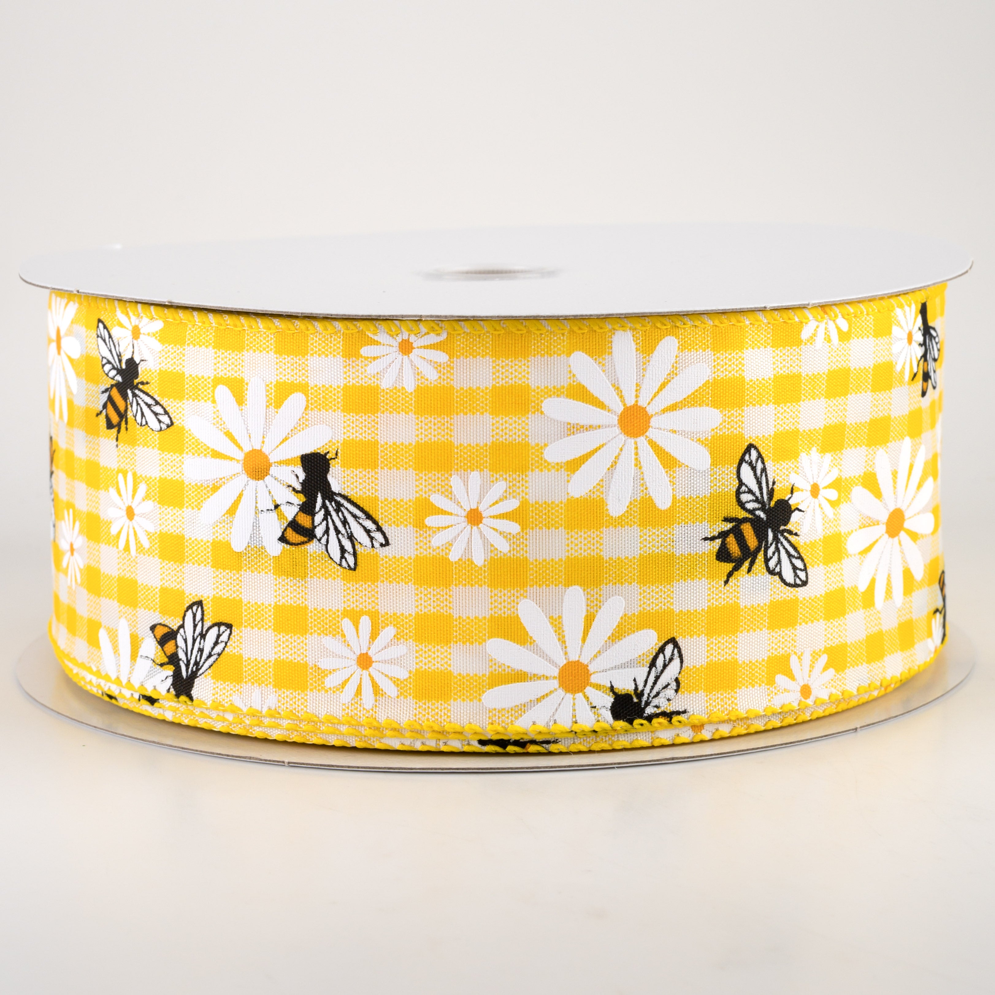 2.5" Daisies & Bees Ribbon: Yellow & White Gingham (50 Yards)